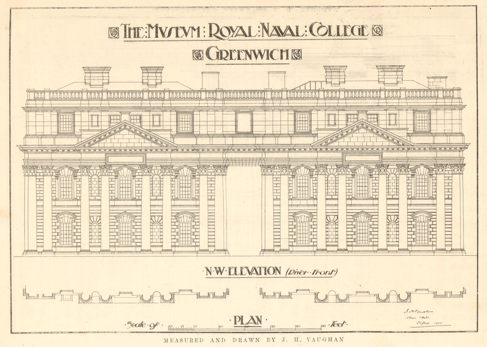 Royal Naval College museum Greenwich. River front elevation by JH Vaughan 1907